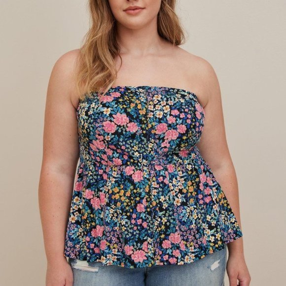 Torrid - Stretch Challis Lace-Up Back Corset Top in Floral Black - Picture 1 of 15